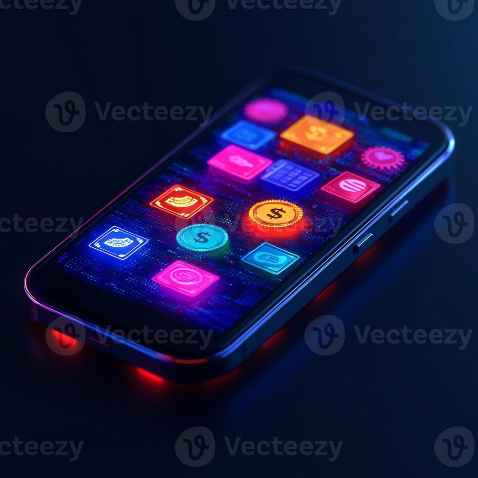 Mobile phone displaying digital wallet with vibrant currency icons financial transaction technology and online banking graphics Futuristic ebusiness innovation photo