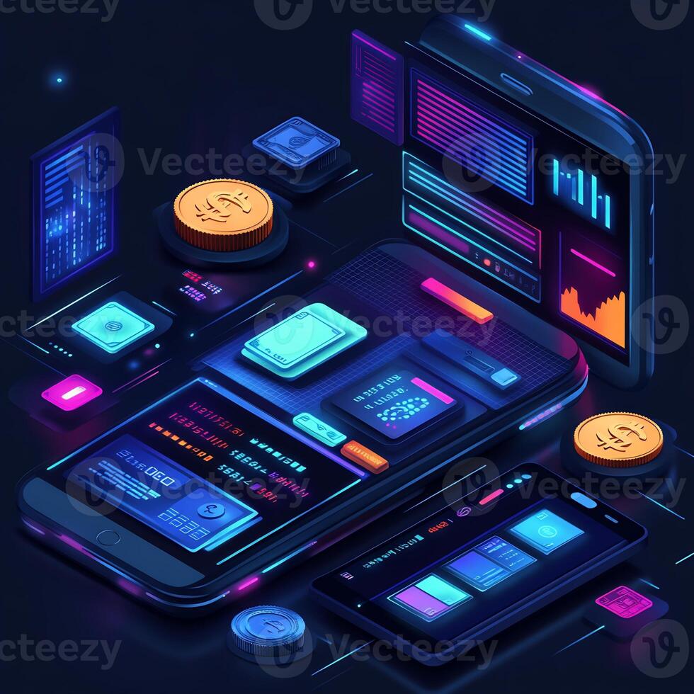Mobile phone displaying digital wallet with vibrant currency icons financial transaction technology and online banking graphics Futuristic ebusiness innovation photo