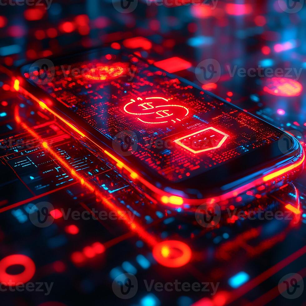 Mobile phone displaying digital wallet with vibrant currency icons financial transaction technology and online banking graphics Futuristic ebusiness innovation photo