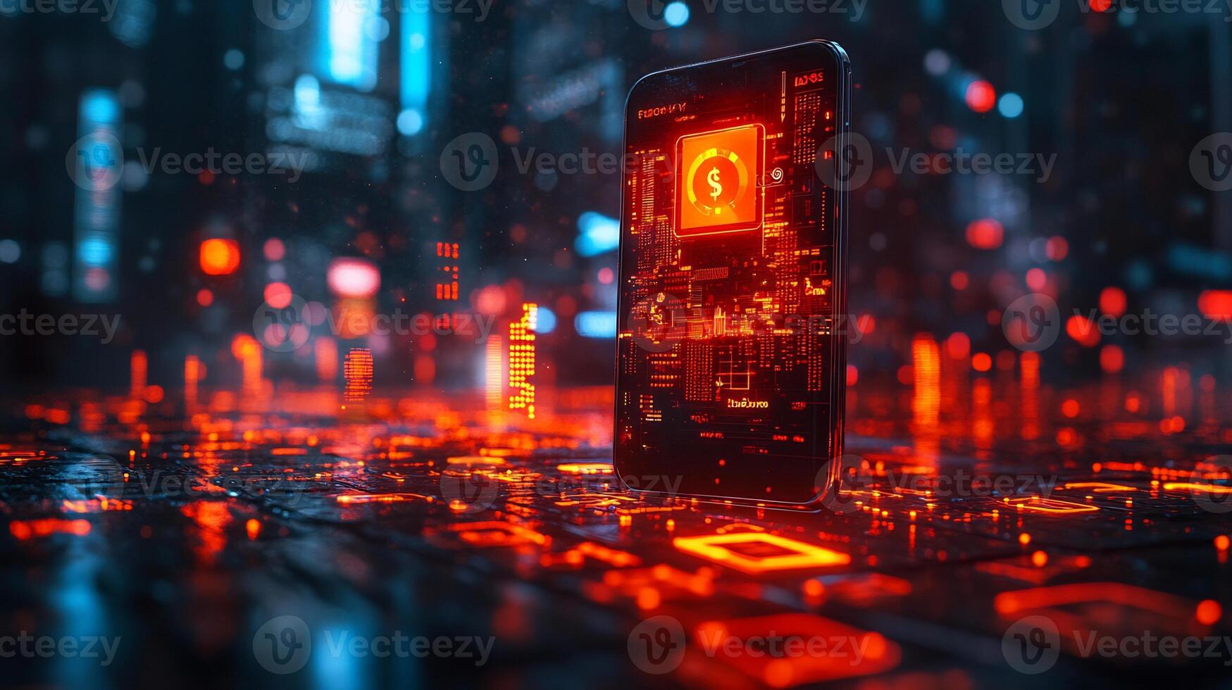 Mobile phone displaying glowing digital wallet with financial icons currency symbols and futuristic online payment technology Ebusiness and modern banking innovation photo