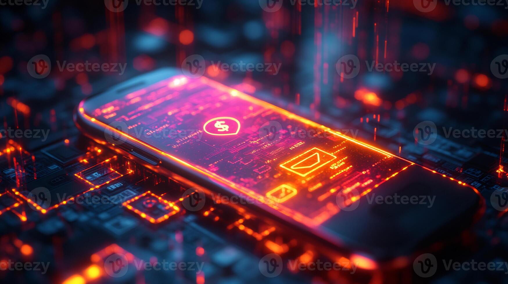 Mobile phone displaying glowing digital wallet with financial icons currency symbols and futuristic online payment technology Ebusiness and modern banking innovation photo