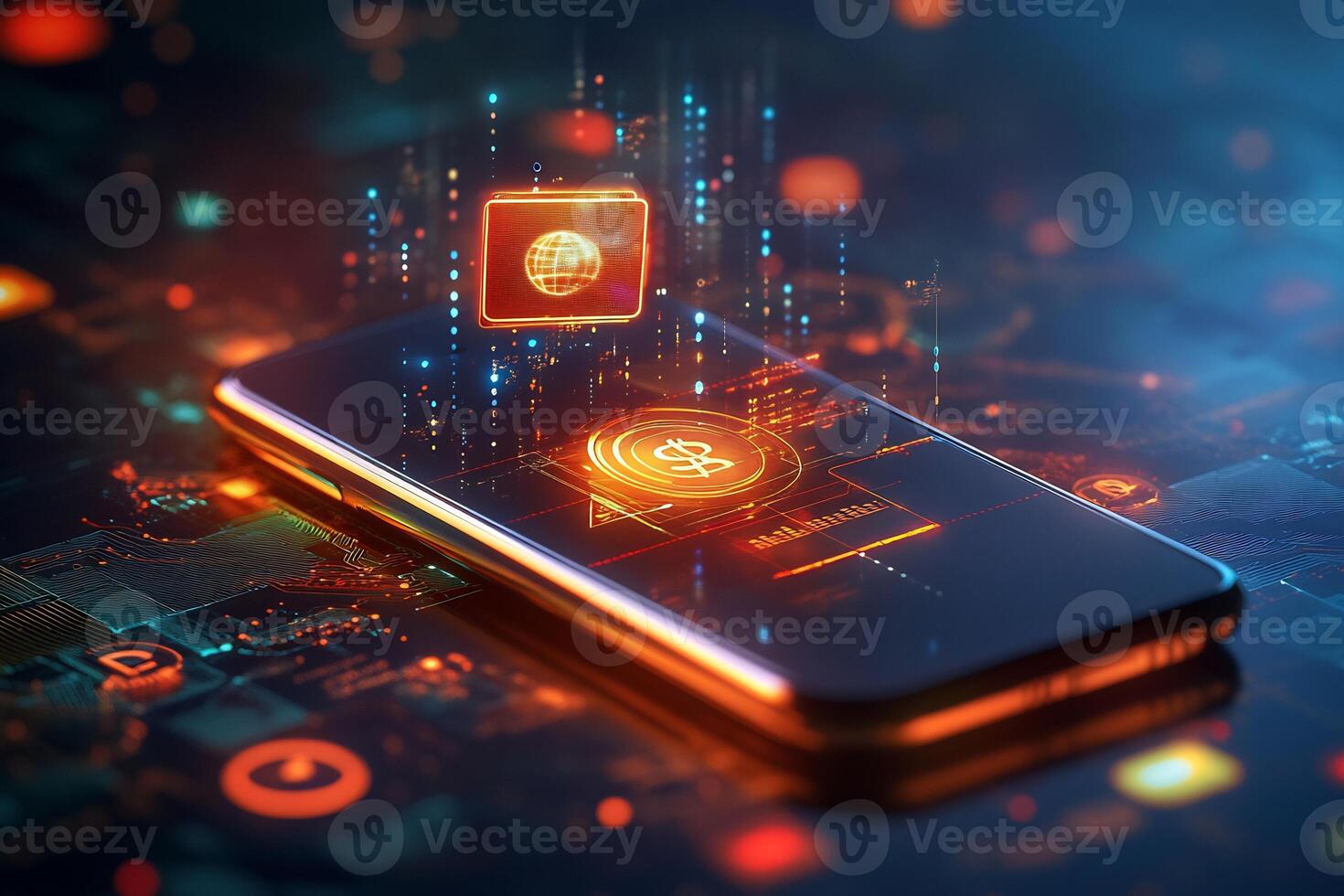 Mobile phone glowing digital wallet financial technology symbols and vibrant online transactions Modern ebusiness and currency innovation photo