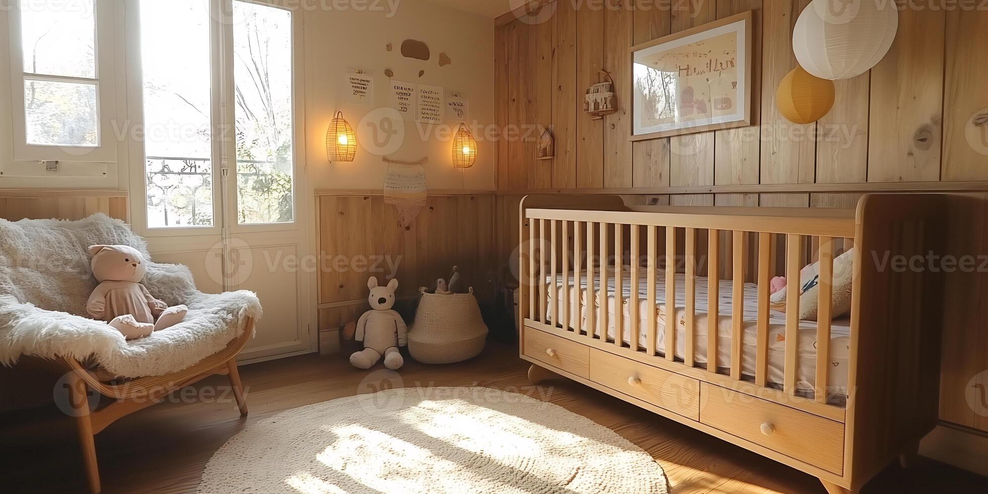 Modern baby room Scandinavian furniture natural wooden accents and retro decor featuring unisex toys photo