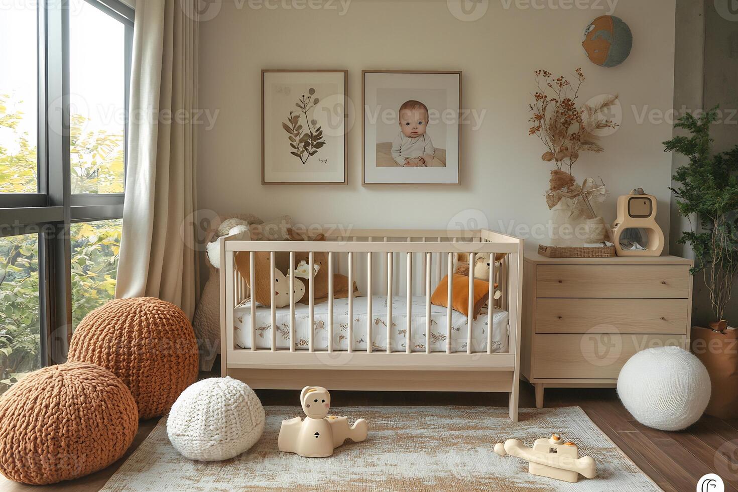 Modern nursery room neutral tones wooden furniture and Scandinavian design decorated with minimalistic wall art and toys photo