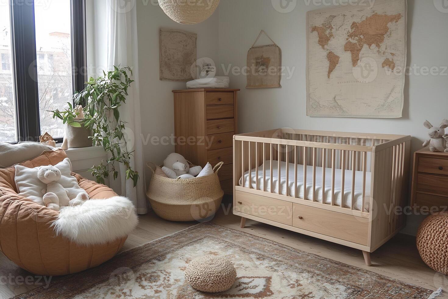 Modern Scandinavian nursery room unisex furniture cozy wooden accents and minimal decor photo