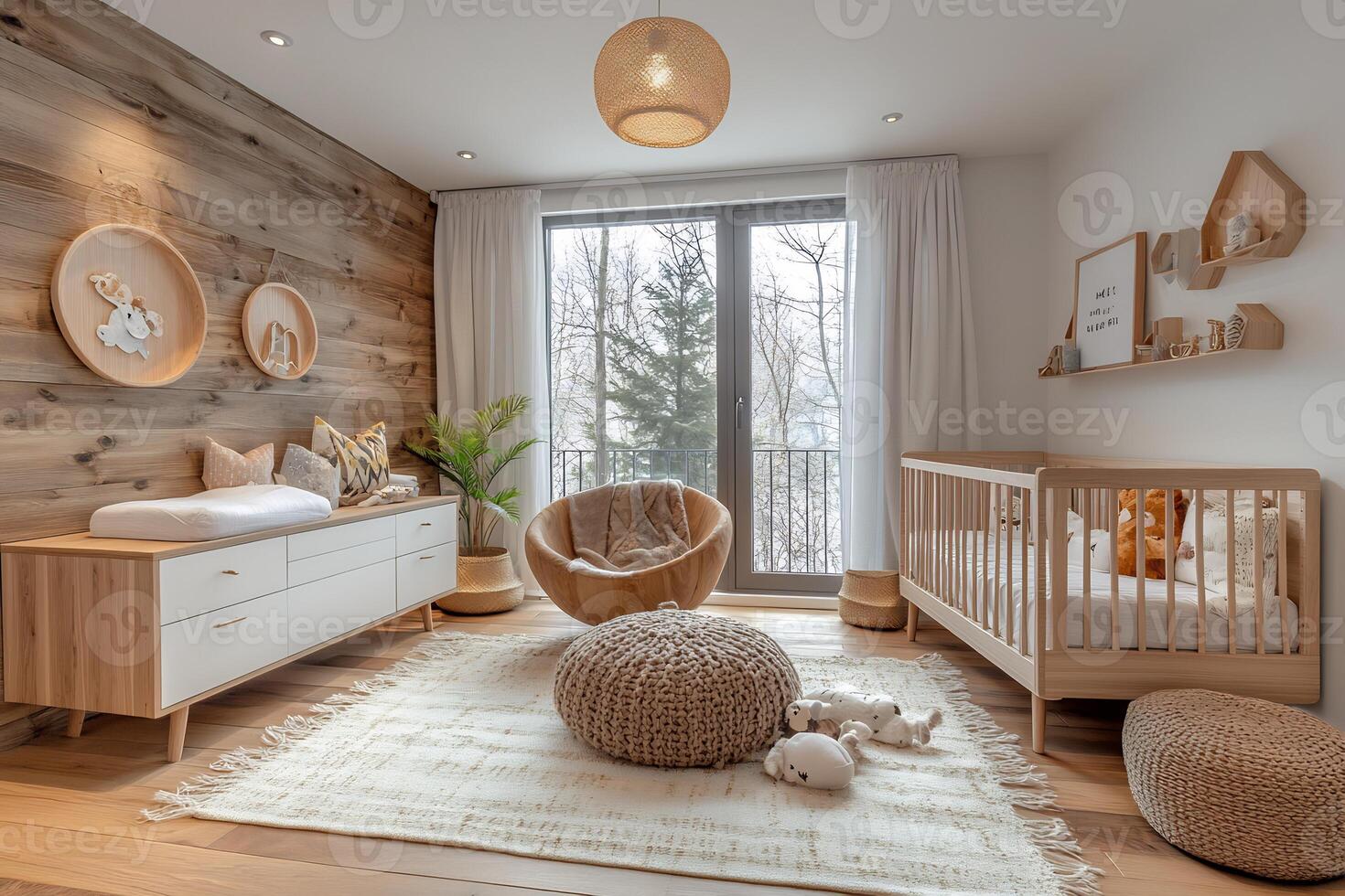Modern Scandinavian nursery room unisex furniture cozy wooden accents and minimal decor photo