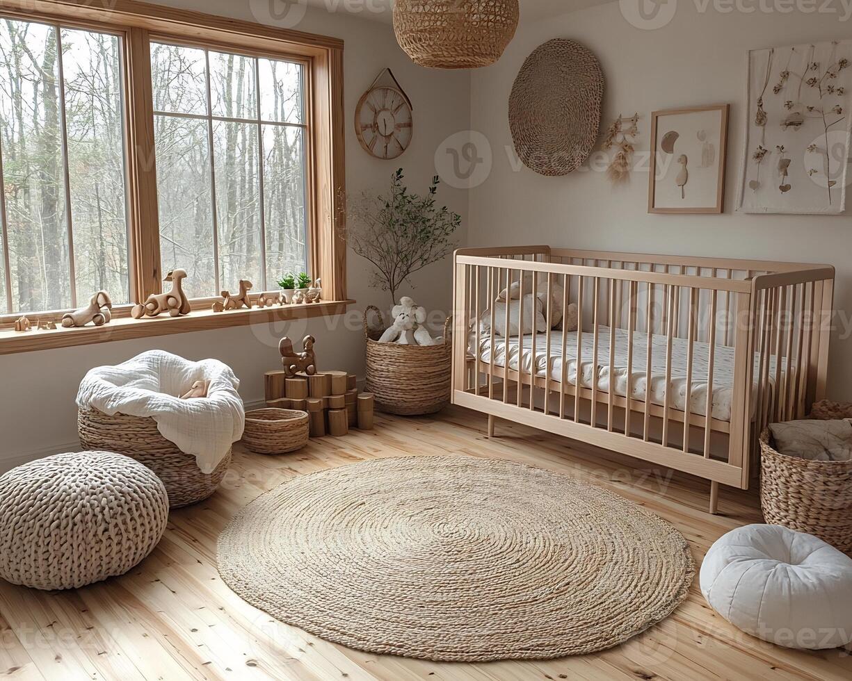 Scandinavian baby nursery natural wooden accents cozy white walls and modern decor featuring minimal toys photo