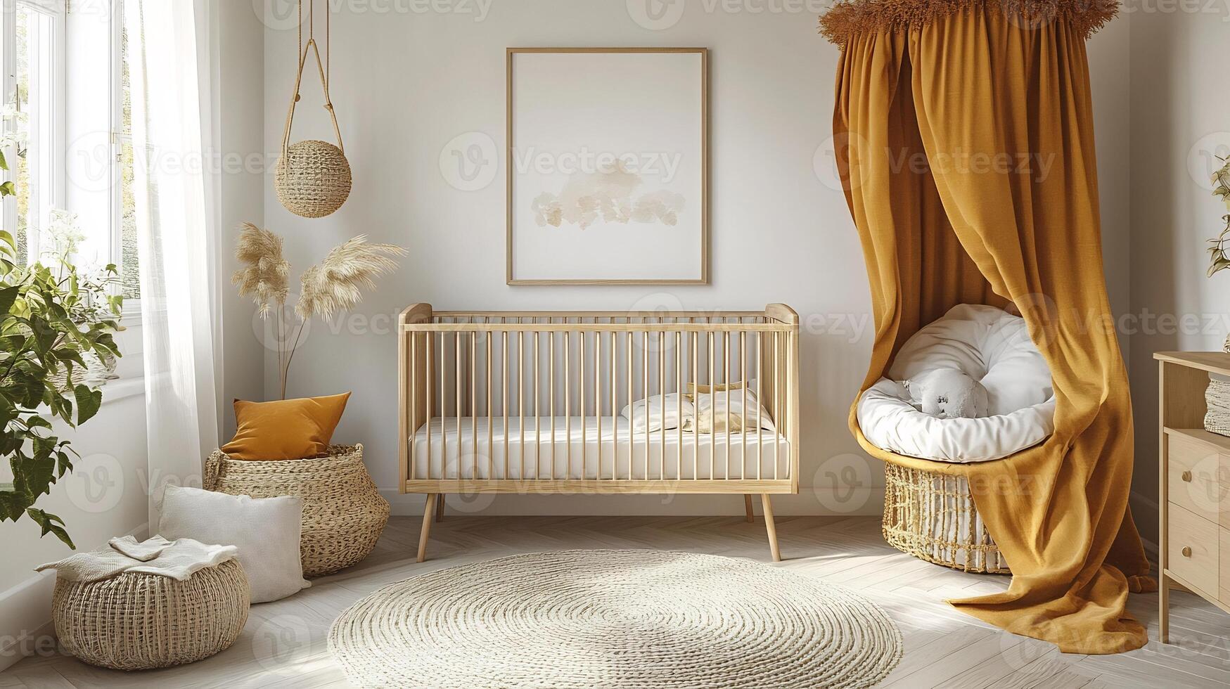 Scandinavian childrens bedroom white walls wooden crib and retroinspired canvas art cozy and minimalist photo