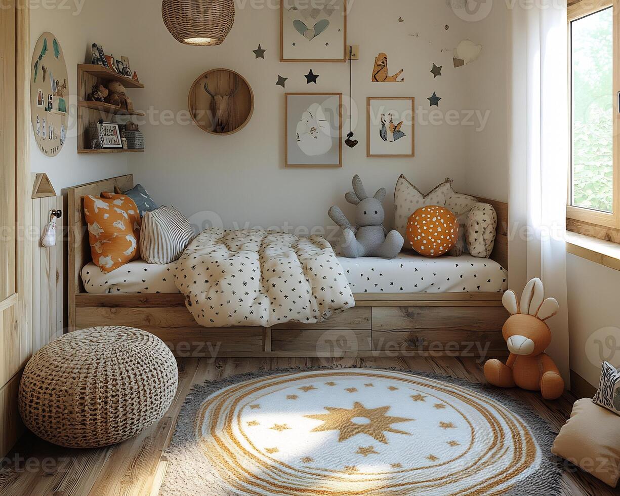 Scandinavian farmhouseinspired bedroom children with wooden furniture and retro wall decor cozy and natural photo