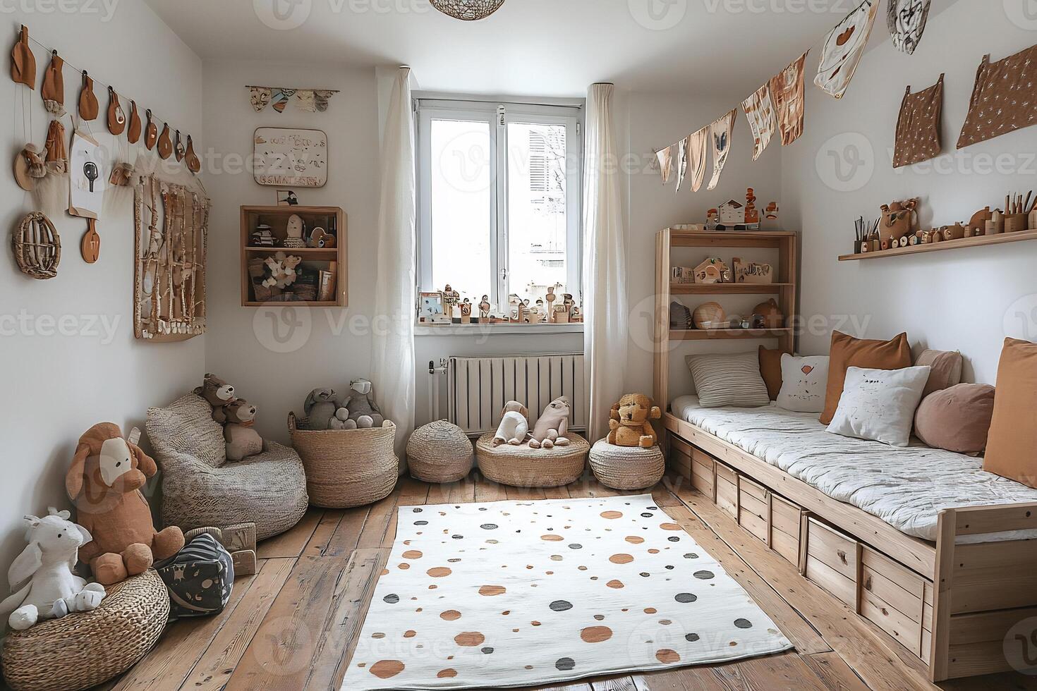 Scandinavianinspired childrens room wooden furniture white walls and minimalist toys creating a cozy retro vibe photo