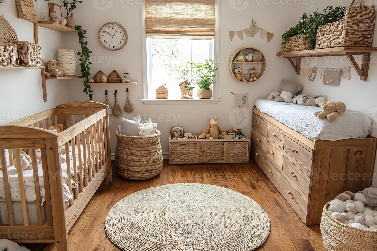 Scandinavianinspired childrens room wooden furniture white walls and minimalist toys creating a cozy retro vibe photo