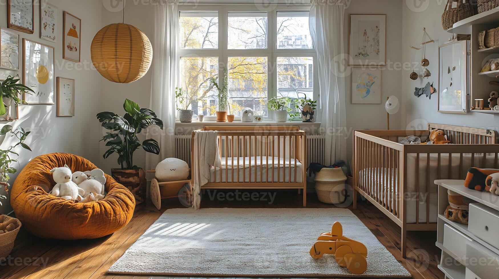 Scandinavianstyle childrens bedroom white walls wooden crib and minimalist decor featuring vintage art and toys perfect for a cozy nursery photo