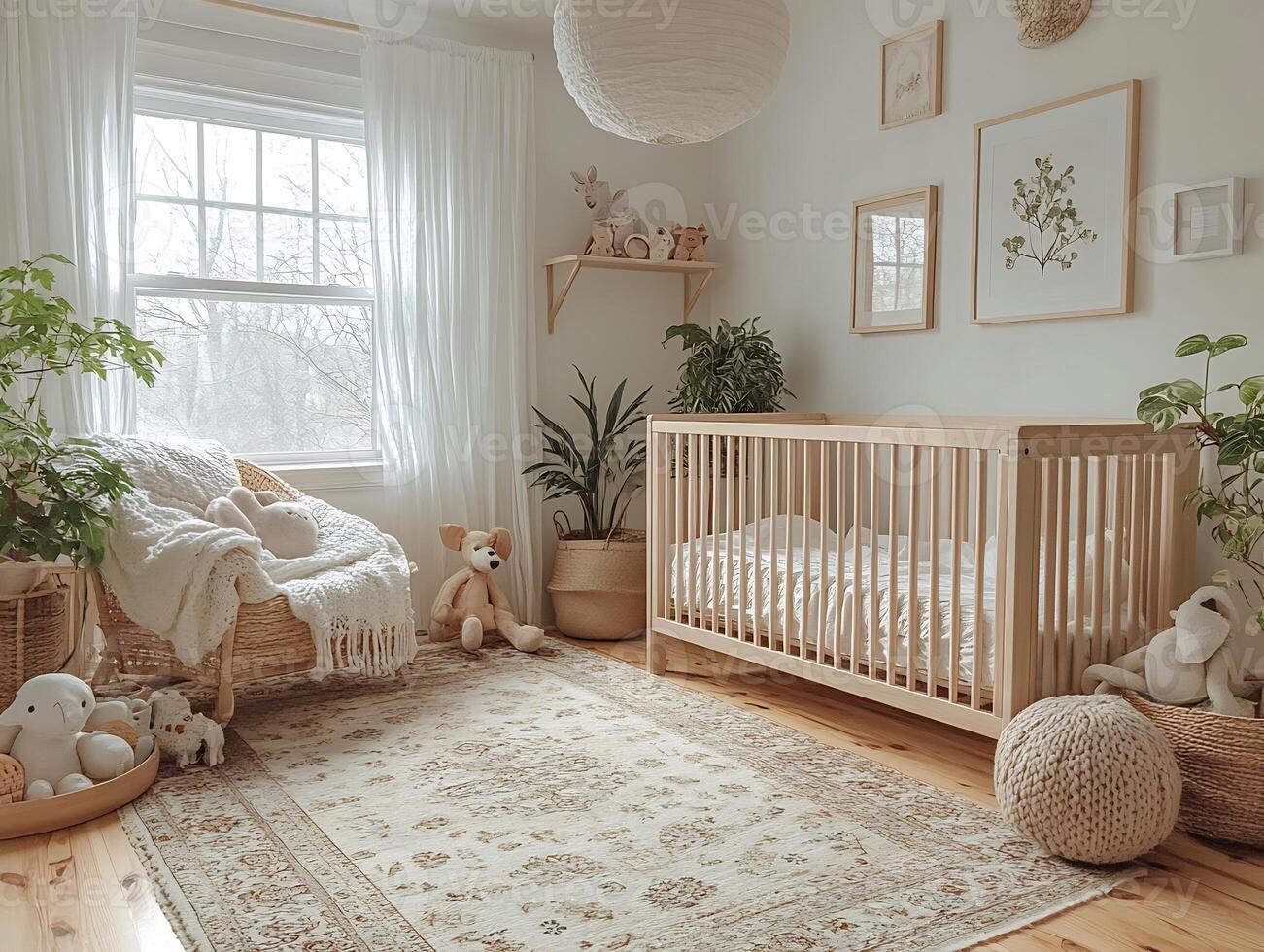 Scandinavianstyle nursery white walls wooden crib and minimal toys perfect for a newborn photo