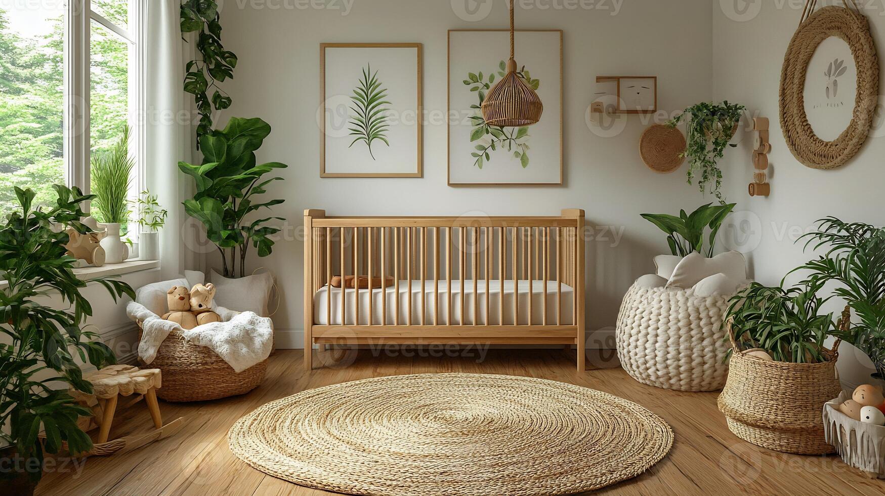 Scandinavianstyle childrens bedroom white walls wooden crib and minimalist decor featuring vintage art and toys perfect for a cozy nursery photo