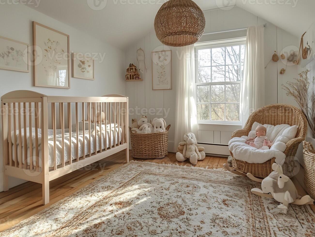 Scandinavianstyle nursery white walls wooden crib and minimal toys perfect for a newborn photo