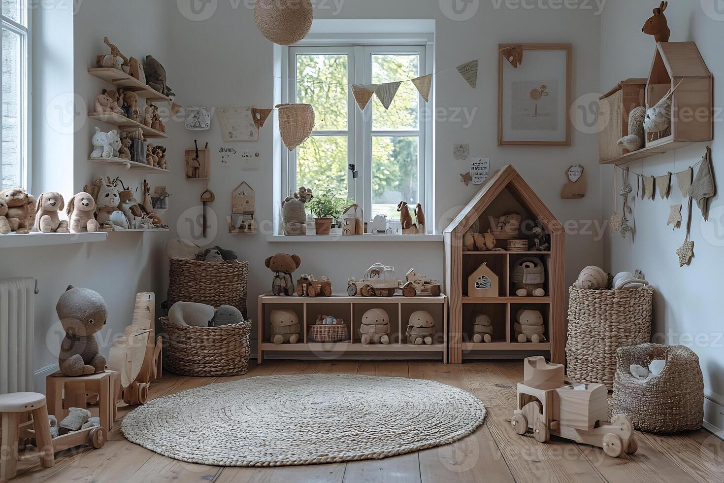 Scandinavianinspired childrens room wooden furniture white walls and minimalist toys creating a cozy retro vibe photo
