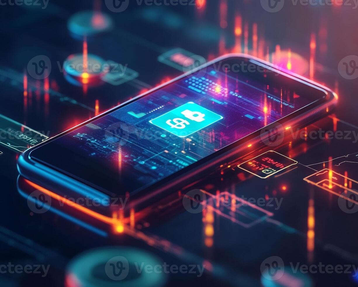 Sleek mobile wallet interface a smartphone glowing financial icons currency symbols and online transaction technology Futuristic ebusiness design photo