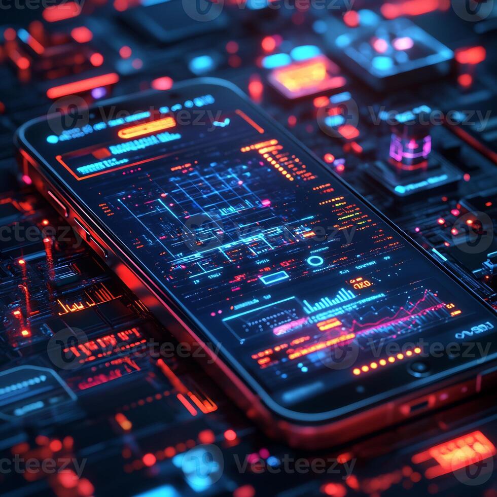 Sleek smartphone futuristic digital wallet interface surrounded by financial technology online transactions and vibrant currency Modern ecommerce and digital economy photo