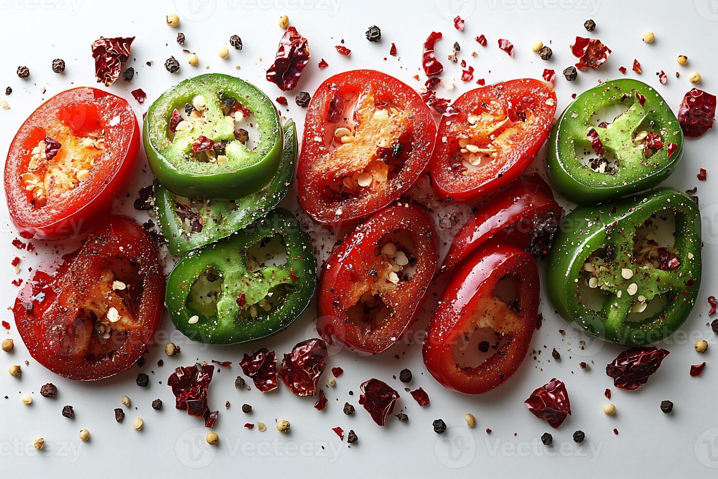 Sliced jalapeos dried red chilies forming a bold and spicy texture on a white background photo