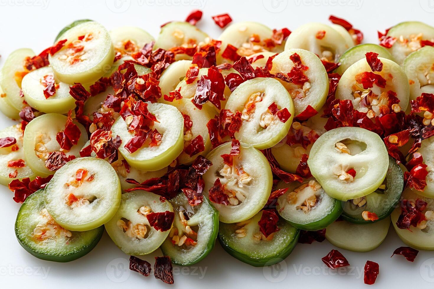 Sliced jalapeos dried red chilies forming a bold and spicy texture on a white background photo