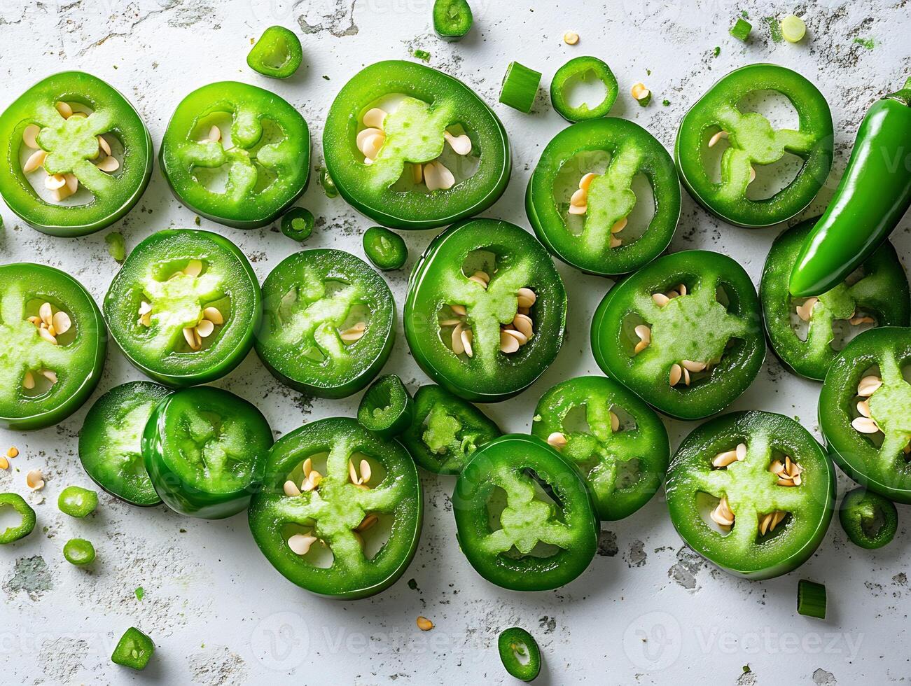 Sliced jalapeos scattered over white background showing their green color and spicy texture photo