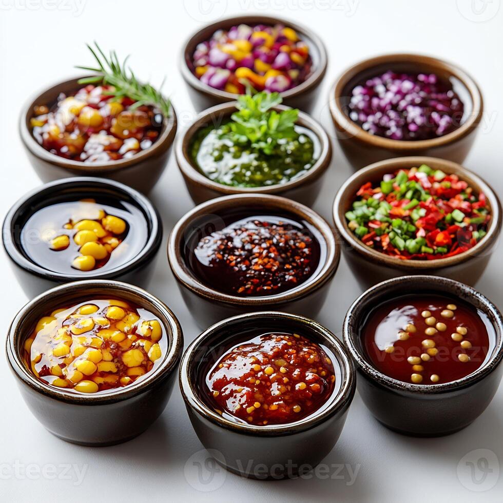 Small bowls of different sauces including barbecue mustard chili sauce arranged on a white background photo