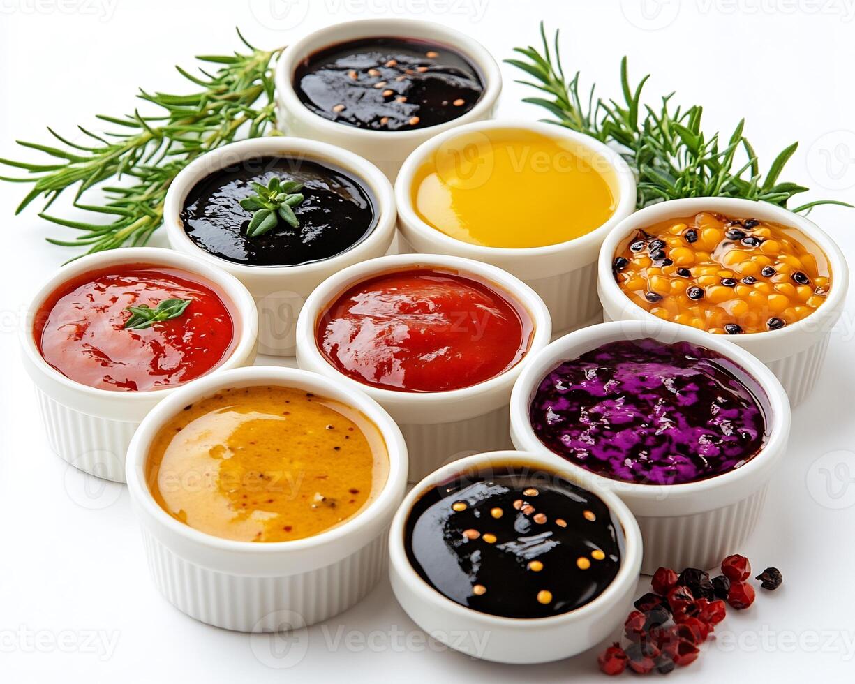 Small dipping bowls of barbecue mustard sauces neatly arranged on a clean white background photo