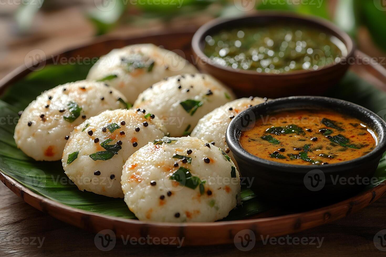 South Indian idli hot sambar and coconut chutney served on a banana leaf traditional style photo