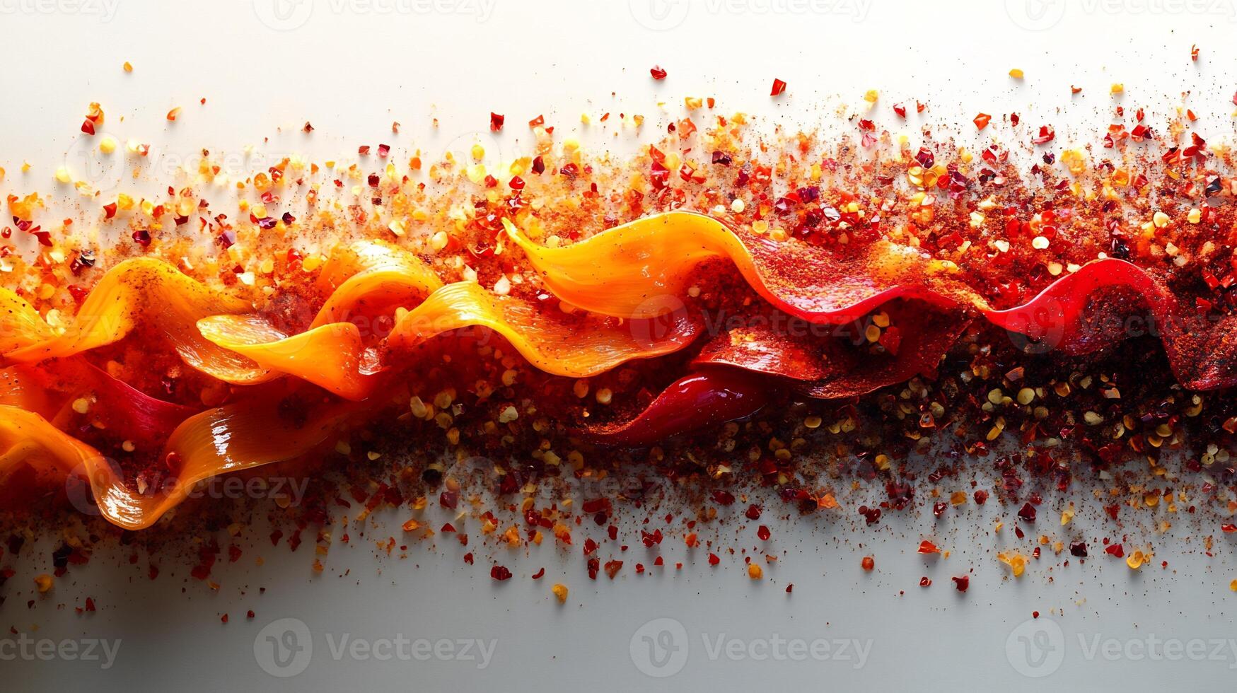Spicy paprika chili flakes artistically sprinkled on a white background creating an abstract design photo