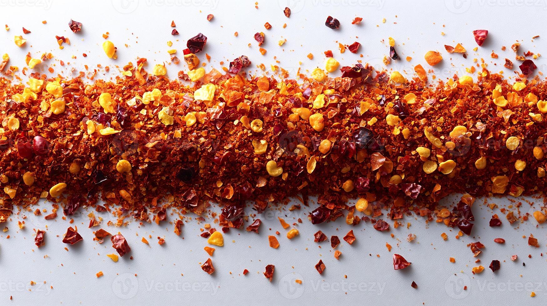 Spicy paprika chili flakes artistically sprinkled on a white background creating an abstract design photo
