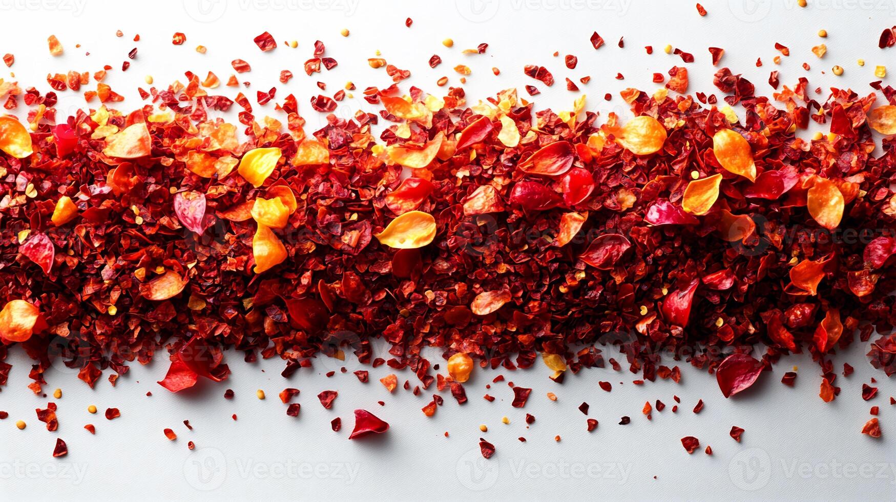 Spicy red chili flakes sprinkled across white background creating a bold and vibrant texture photo