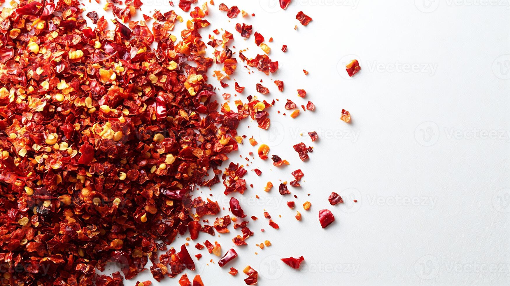 Spicy red chili flakes sprinkled across white background creating a bold and vibrant texture photo