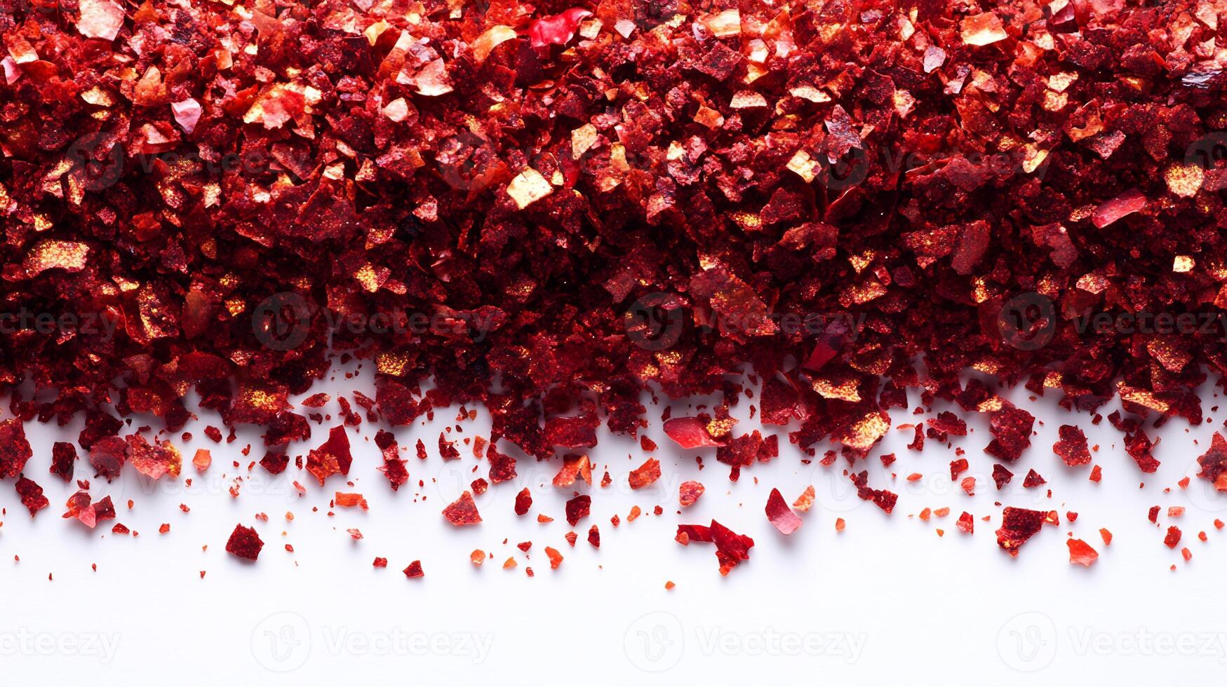 Spicy red chili flakes sprinkled across white background creating a bold and vibrant texture photo
