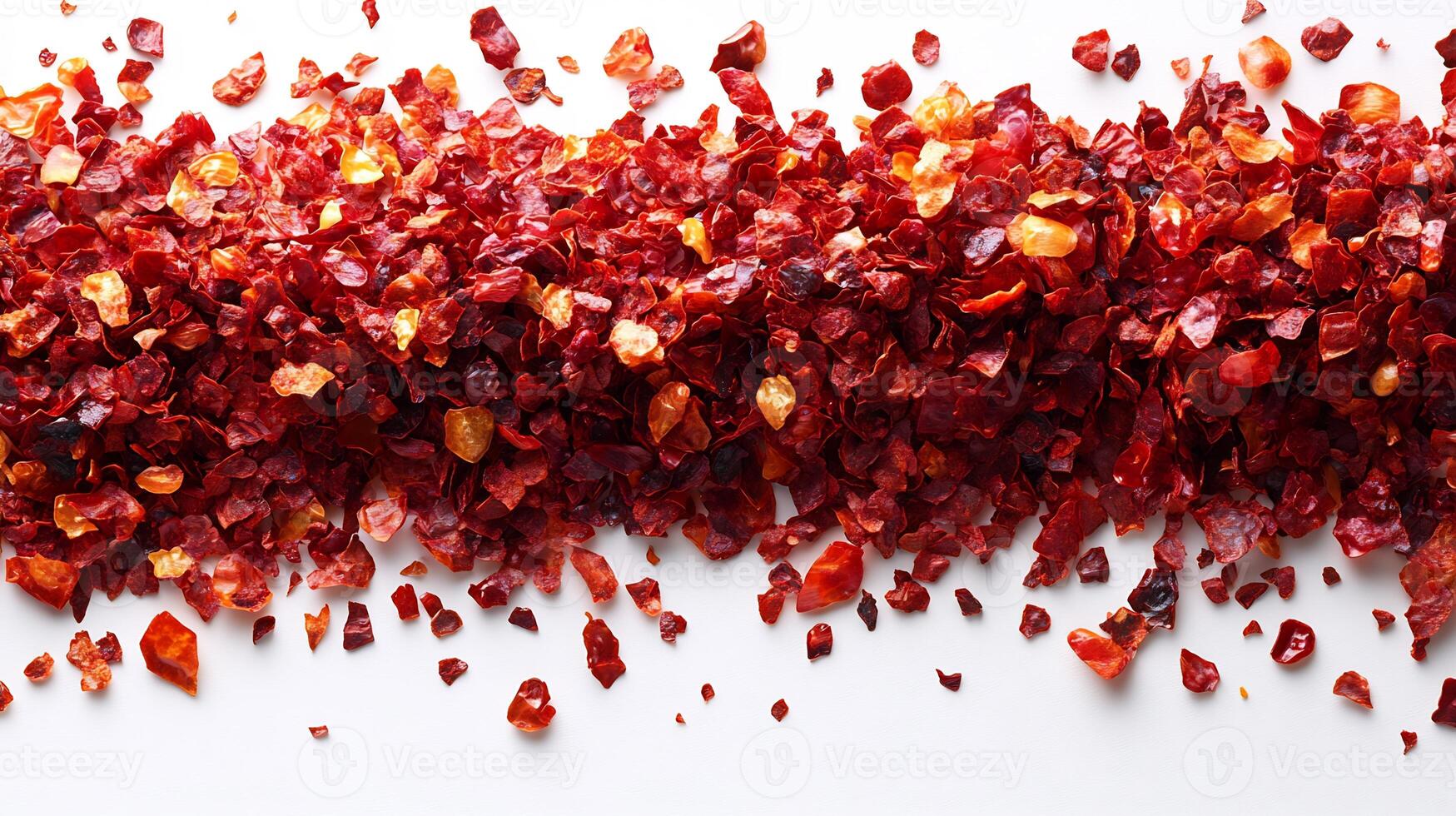 Spicy red chili flakes sprinkled across white background creating a bold and vibrant texture photo
