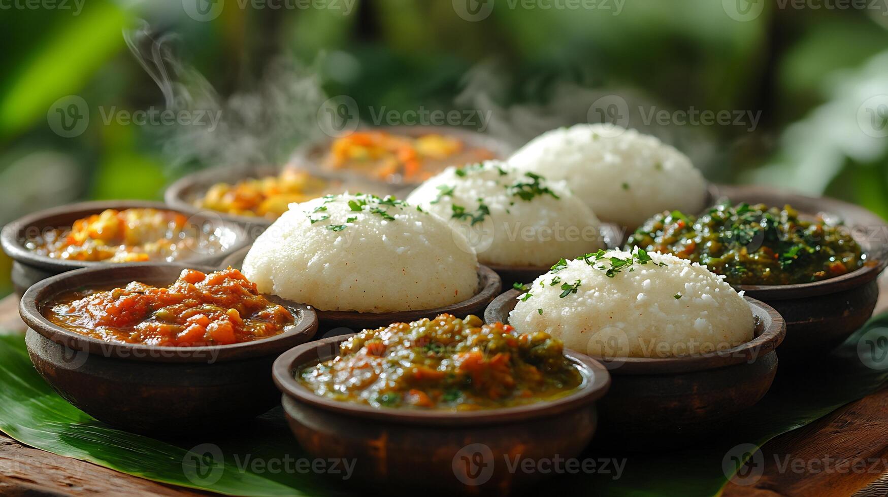 Steaming plate of Indian idli served sambar and coconut chutney a South Indian breakfast classic photo