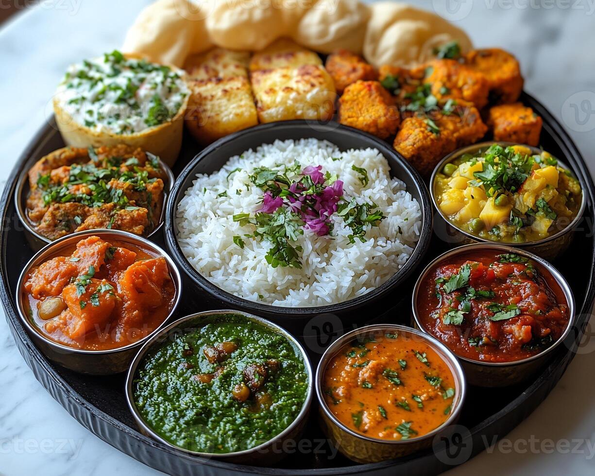 Traditional Gujarati thali a variety of dishes including khichdi kadhi dhokla and sweet shrikhand photo