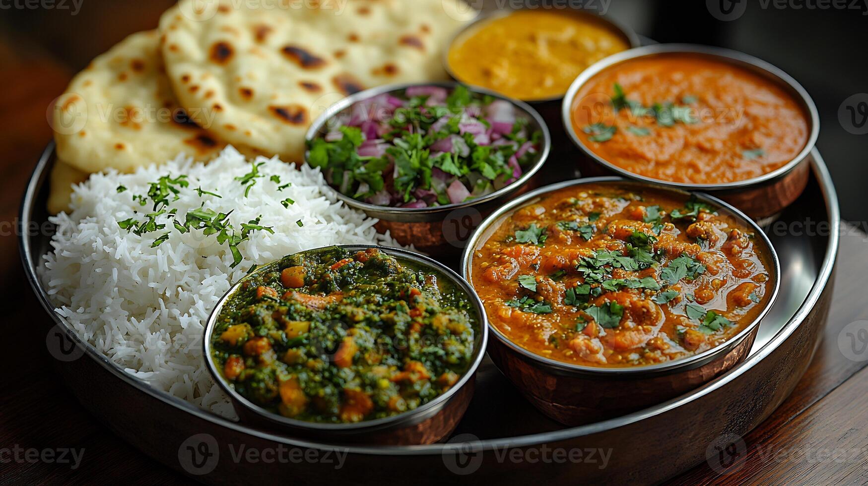 Traditional Indian thali various curries rice and naan served on a stainless steel platter vibrant and colorful photo