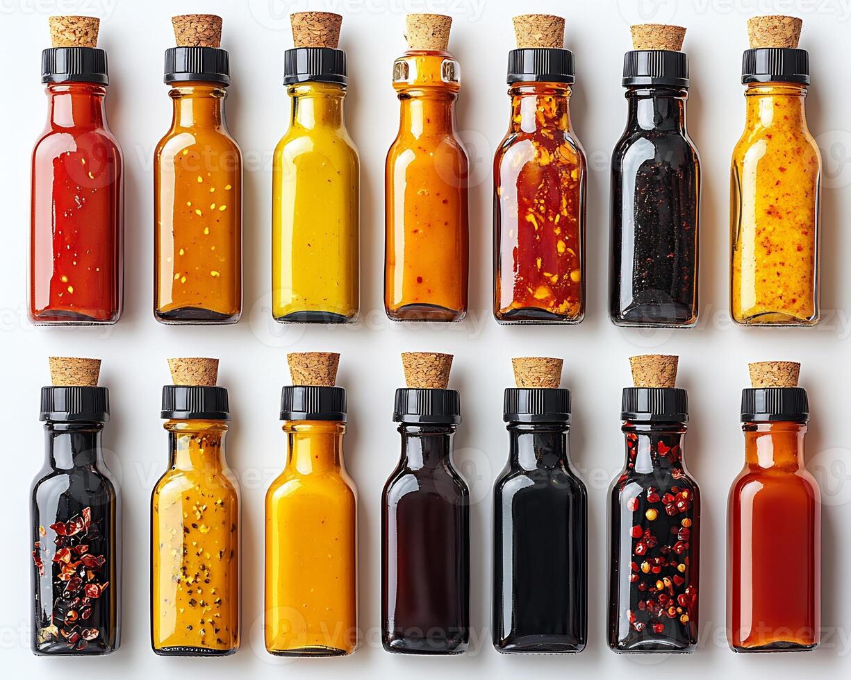 Various hot sauces small bottles arranged on a white background creating a vibrant spicy collection photo