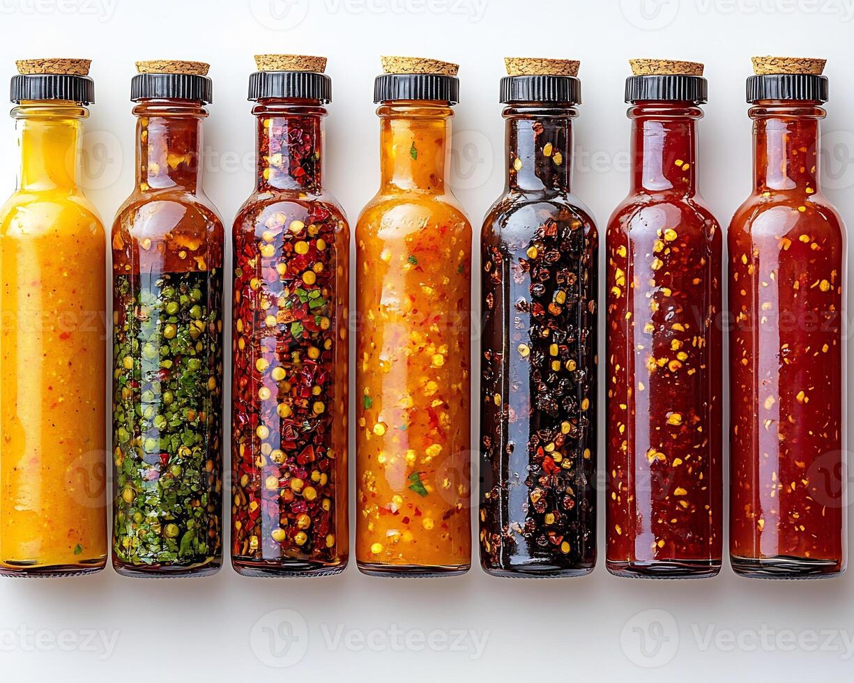 Various hot sauces small bottles arranged on a white background creating a vibrant spicy collection photo