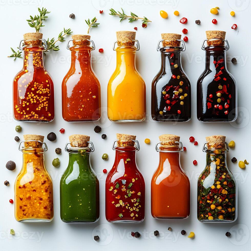 Various hot sauces small bottles arranged on a pristine white background creating a vibrant spicy collection photo