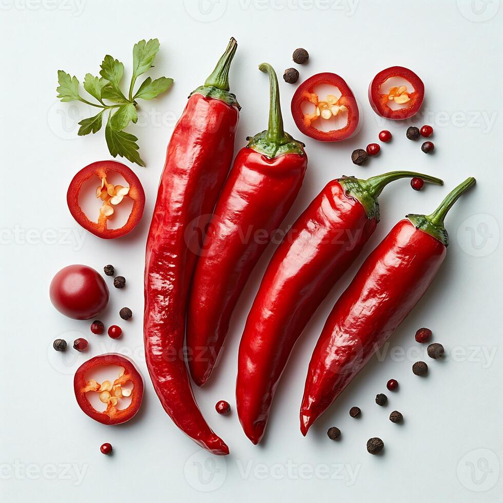Vibrant red chili peppers some whole some sliced arranged on a pristine white background photo