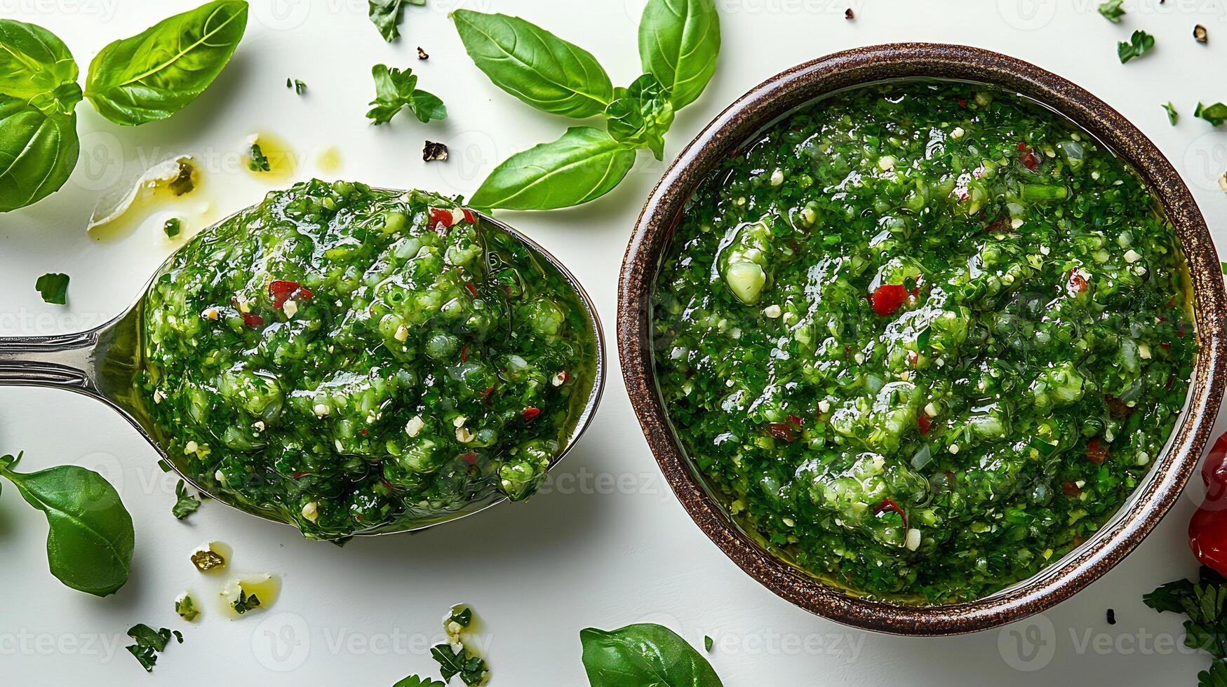 Vibrant salsa verde splattered a white background with a spoon dipping into it fresh and tangy photo