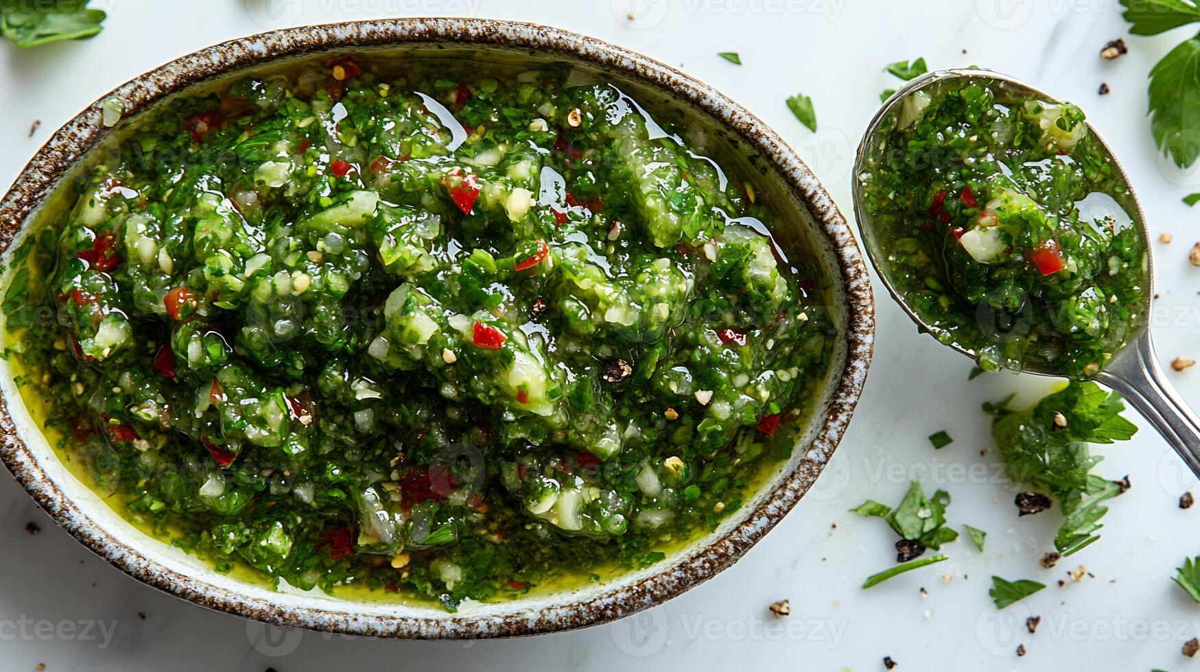 Vibrant salsa verde splattered a white background with a spoon dipping into it fresh and tangy photo