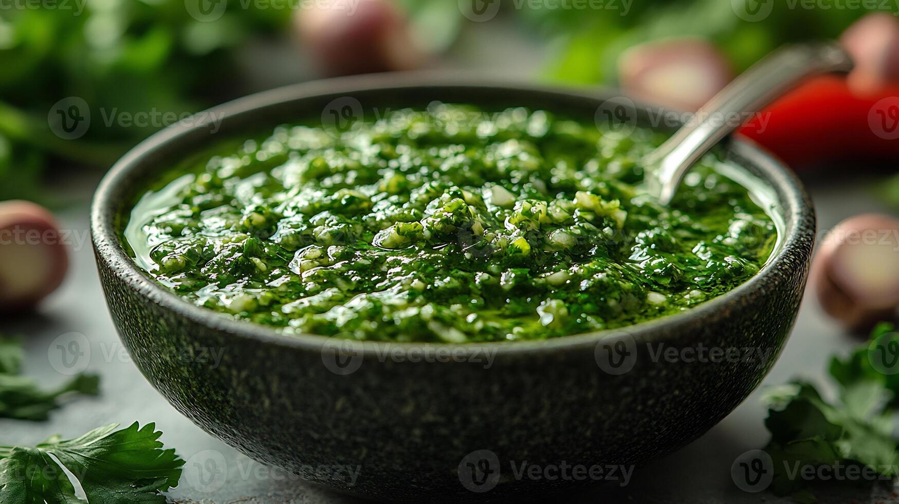 Vibrant salsa verde splattered a white background with a spoon dipping into it fresh and tangy photo