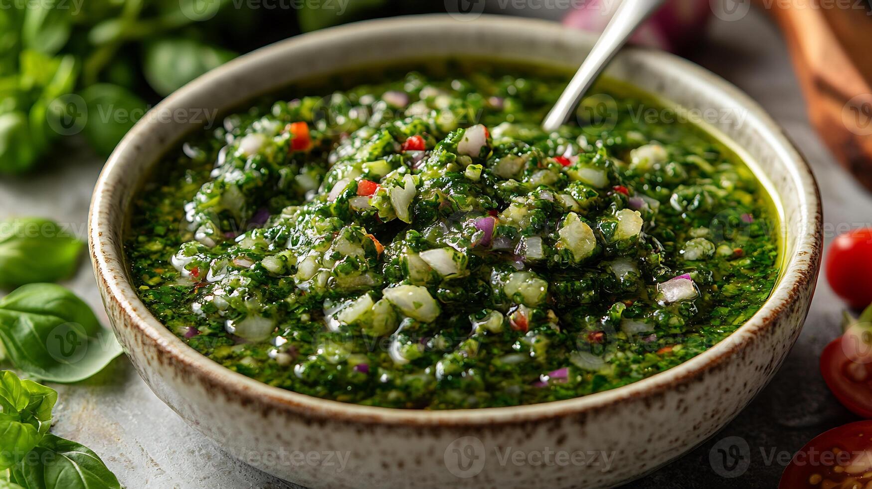 Vibrant salsa verde splattered a white background with a spoon dipping into it fresh and tangy photo