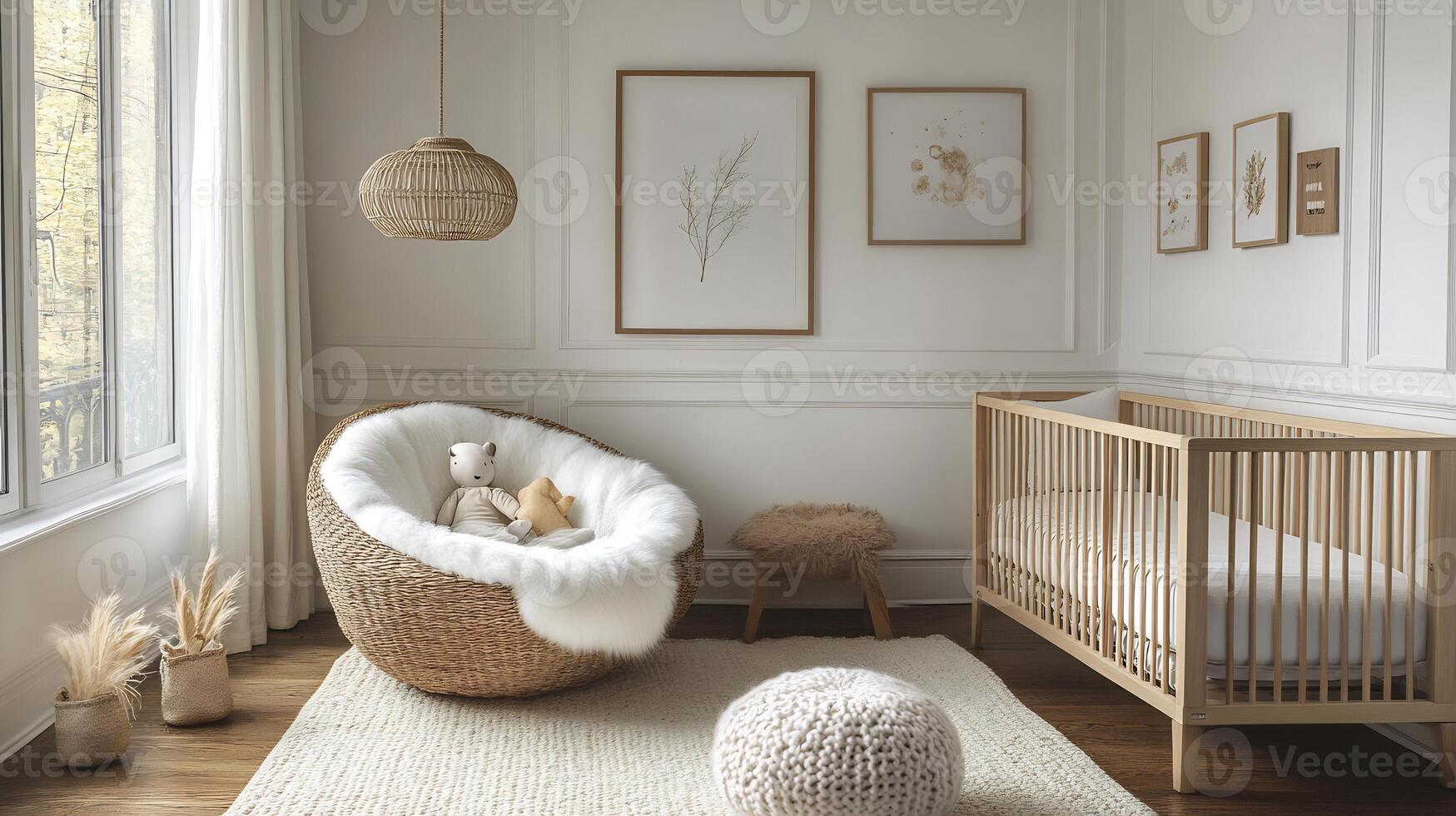 White wooden baby nursery with minimalist Scandinavian decor featuring simple art and natural toys photo