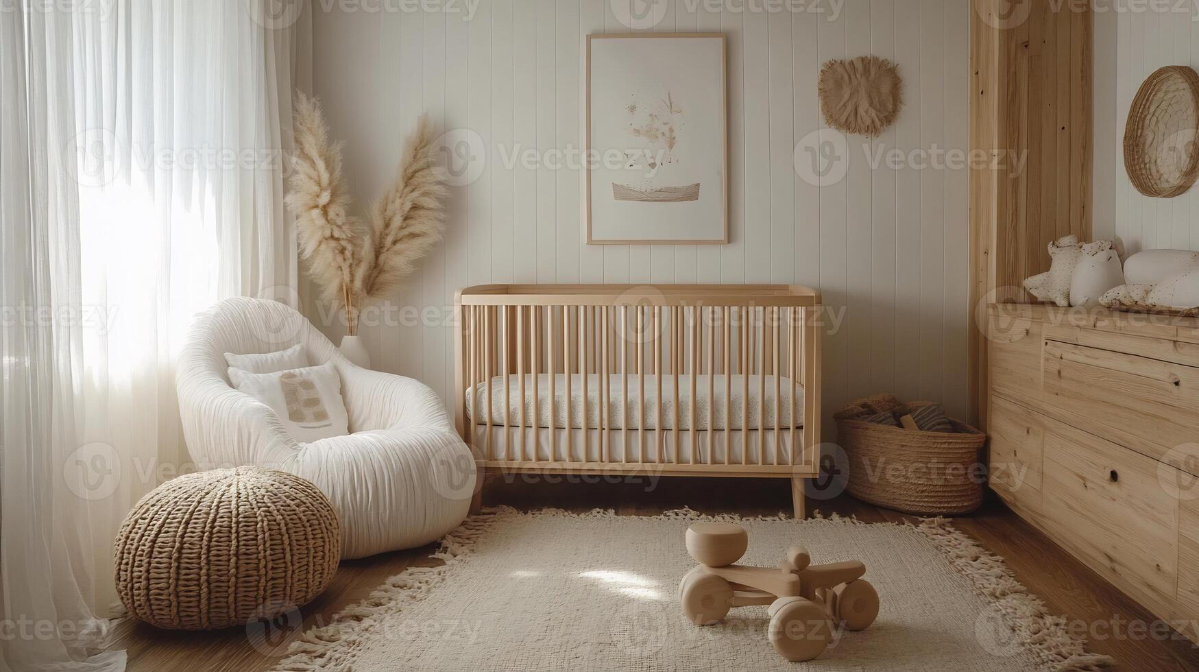 White wooden baby nursery with minimalist Scandinavian decor featuring simple art and natural toys photo