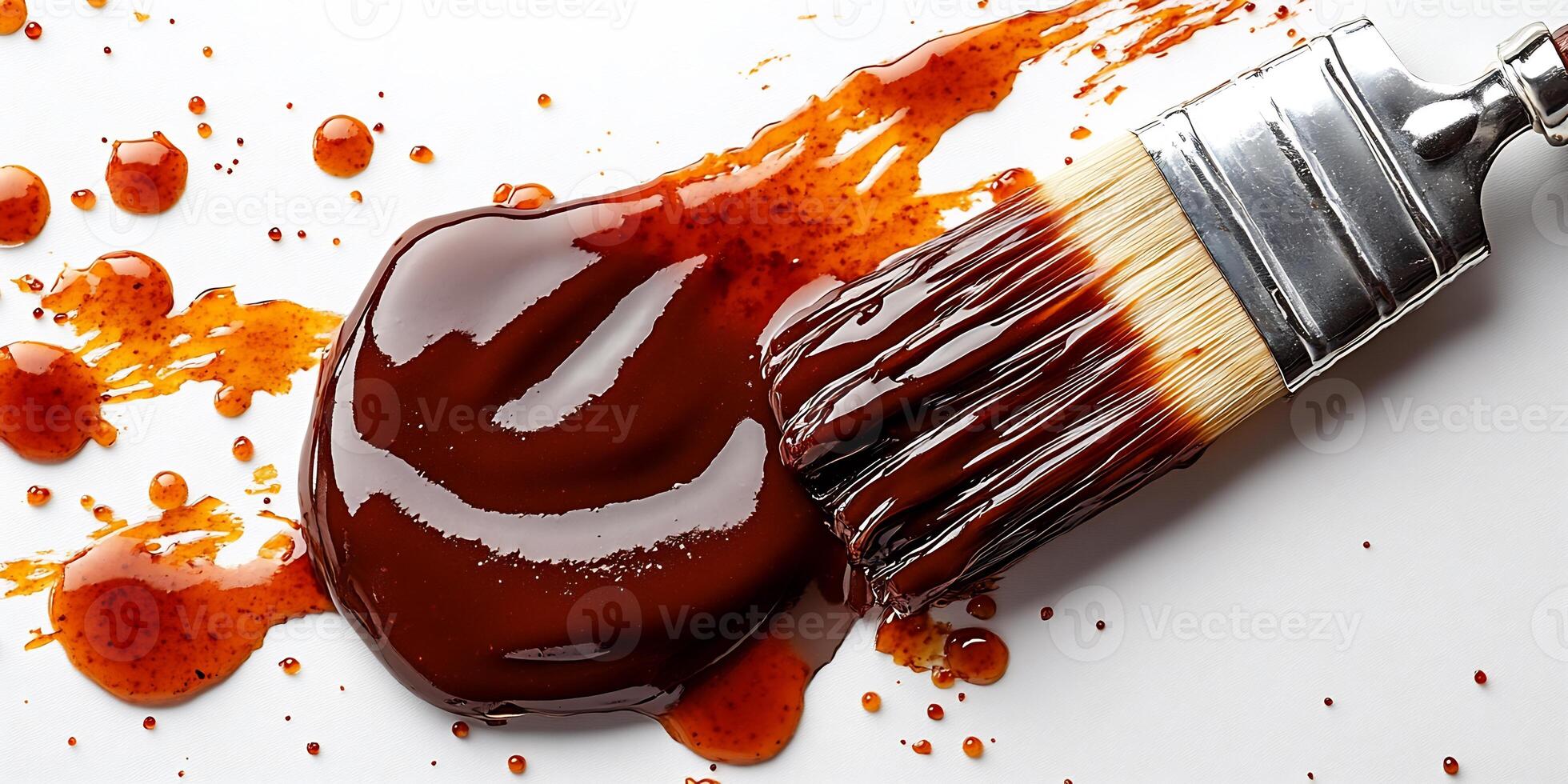 Bold splash of barbecue sauce with a basting brush beside it on a white background creating texture photo