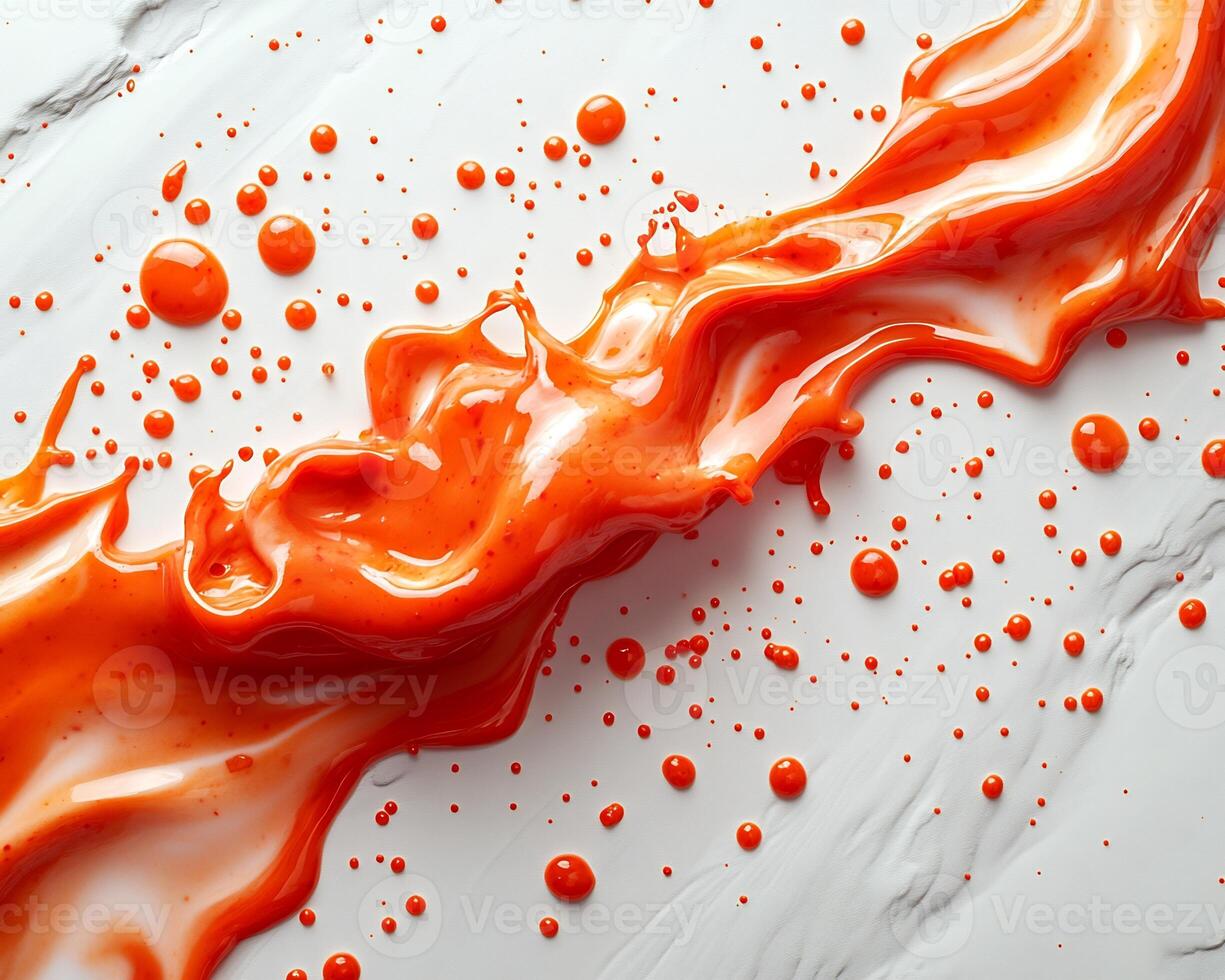 Bold splash of smoky chipotle sauce creating a vibrant pattern on a pristine white background photo