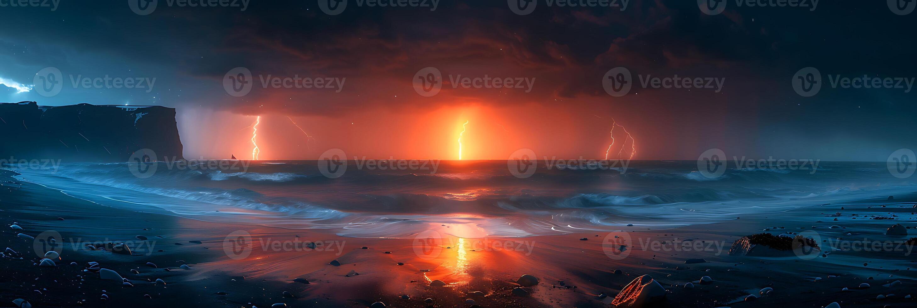 Capture dynamic energy of meteorite blazing through stormy skies above rugged coastline of Iceland electrifying flashes of lightning illuminating cosmic event stark contrast to the dark surroundings photo